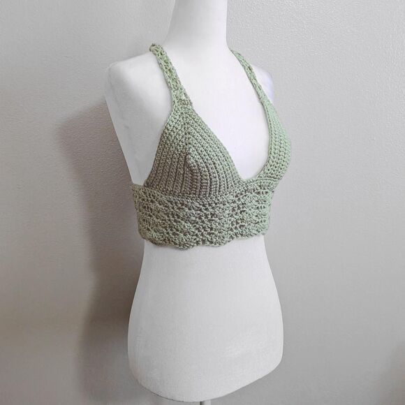 Handmade Sage Green Crochet Shell Stitch Halter Top w/ Lace Up Back | Size S - Picture 2 of 7